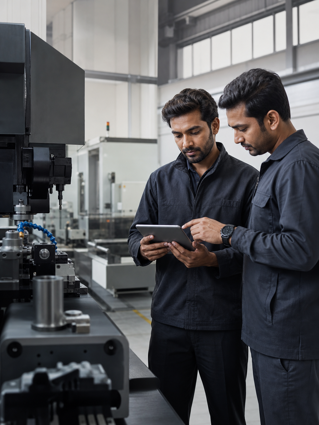 Manufacturing professionals reviewing operations on a tablet